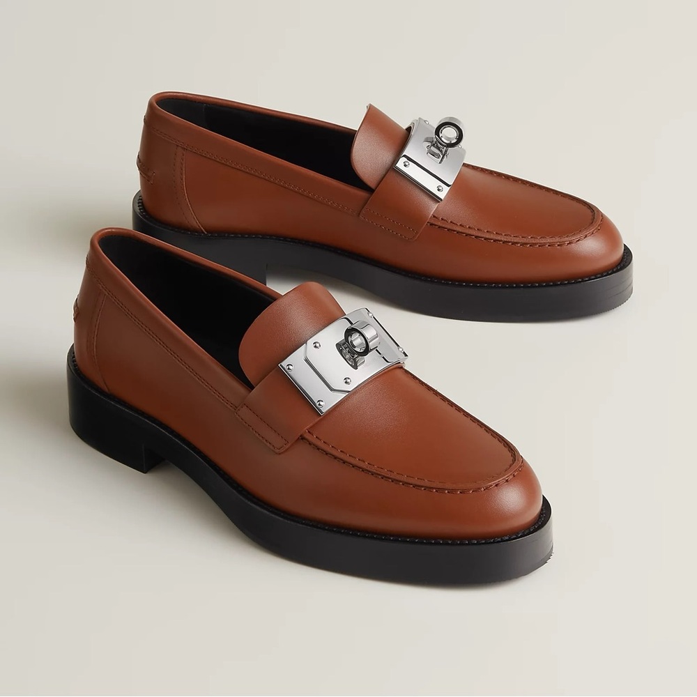 Hermes Brown Leather Loafers with Silver Accent
